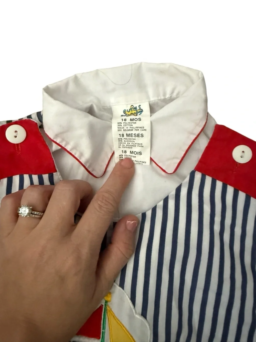 Cuties by Judy Vintage Navy Stripe Sailboat Romper with Red Accents 18 months